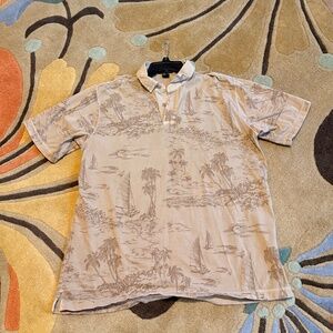 Lands End Beige Tan Island Themed Polo--Large